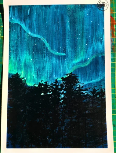 Aurores boréales Peinture acrylique représentant des aurores boréales dans un ciel nocturne
