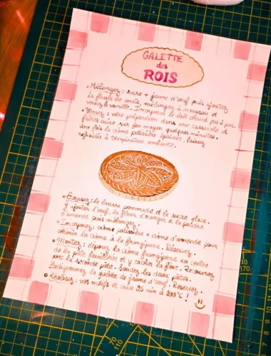 Recette galette des rois Illustration à l’aquarelle représentant une recette de galette des rois