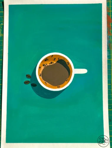 Tasse de café Peinture à l’acrylique représentant une tasse de café vue du dessus sur fond bleu-vert