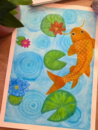 Carpe koï et nénuphars Aquarelle représentant des carpes koï nageant parmi des nénuphars