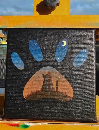 Chat au crépuscule Peinture à l’acrylique représentant un chat au crépuscule