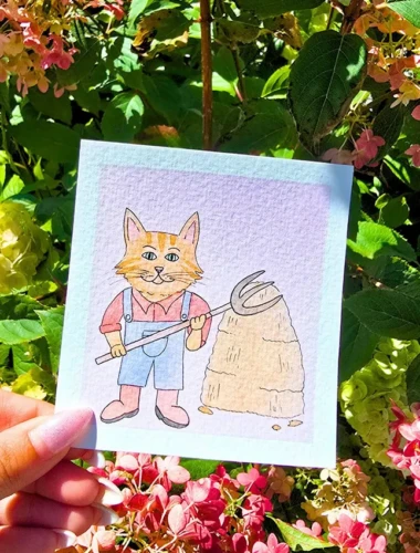 Chat fermier Peinture à l’aquarelle d’un chat fermier dans une scène champêtre