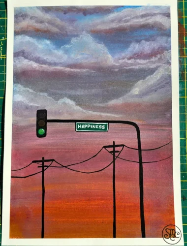 Signalétique “happiness” Peinture à l’acrylique représentant une signalétique “Happiness” avec un feu vert au coucher de soleil