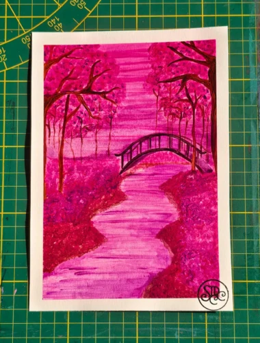 Jardin japonais rose Peinture à l’acrylique représentant un jardin japonais rose avec un pont