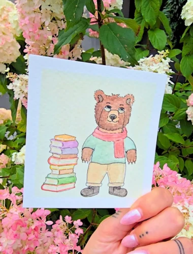 Ours libraire Aquarelle représentant un ours libraire dans une bibliothèque