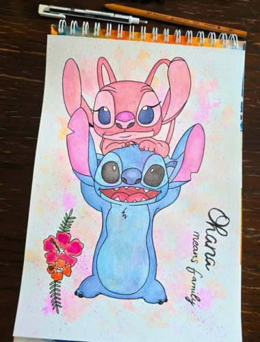 Stitch et Angel Illustration à l’aquarelle de Stitch et Angel