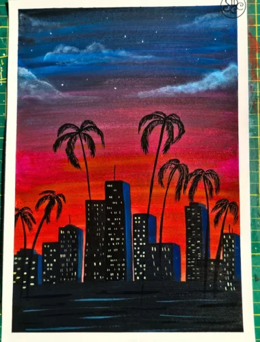 Ville de nuit Peinture à l’acrylique représentant une ville la nuit avec des lumières urbaines