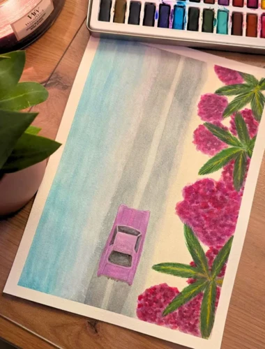 Voiture au bord de l’océan Peinture à l’aquarelle représentant une voiture sur une route au bord de l’océan avec des fleurs