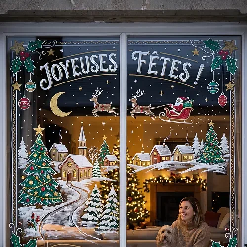 Vitrine de maison décorée avec peinture sur vitre, illustration générée par IA à partir d’un prompt
