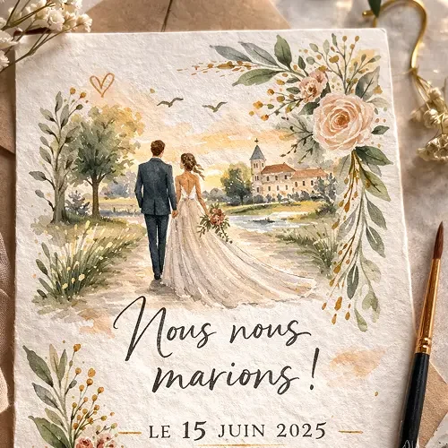 Faire-part de mariage illustré en peinture – exemple de création personnalisée