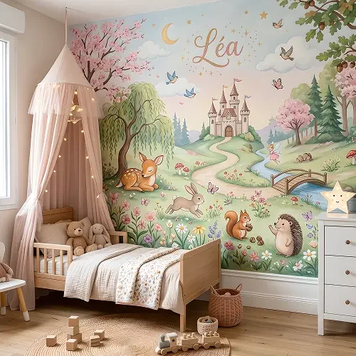 Fresque murale décorative dans une chambre d’enfant, illustration générée par IA à partir d’un prompt personnalisé