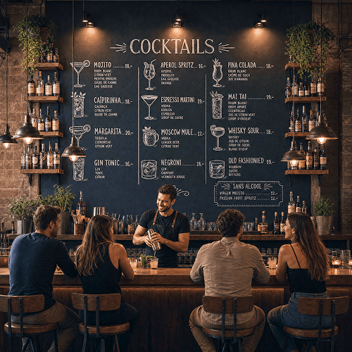 lettrage prix menu mur noir bar