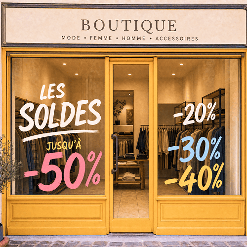 lettrage sur vitrine pour la période de solde