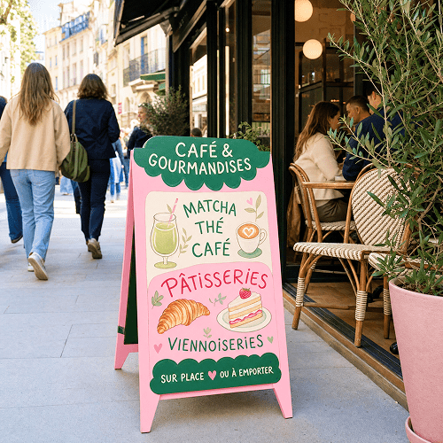 stop-trottoir rose peint pour un café